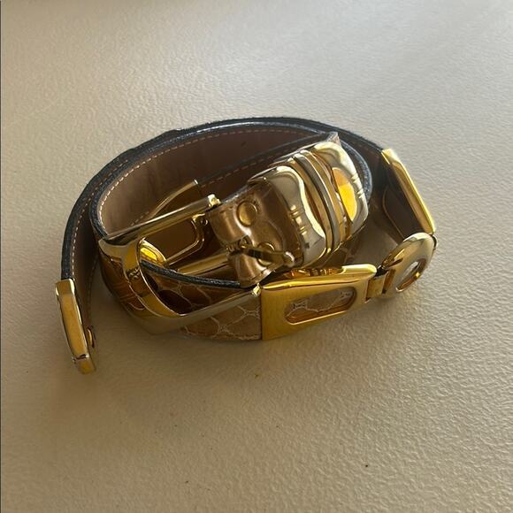 B.B. Simon Gold and Black Leather Belt with Shiny Buckle - Picture 1 of 10
